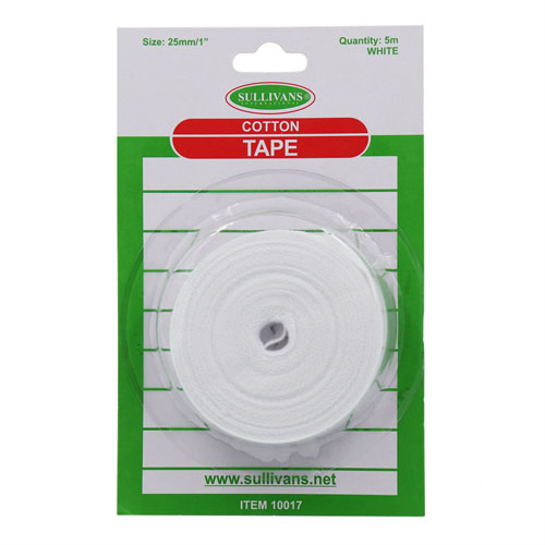 10017 Sullivans 25mm Cotton Tape - White - 5m 	