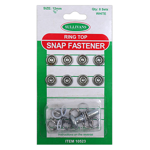 10523 Sullivans 12mm Ring Top Snap Fastener With Tool - White