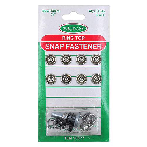 10527 Sullivans 12mm Ring Top Snap Fastener With Tool - Black