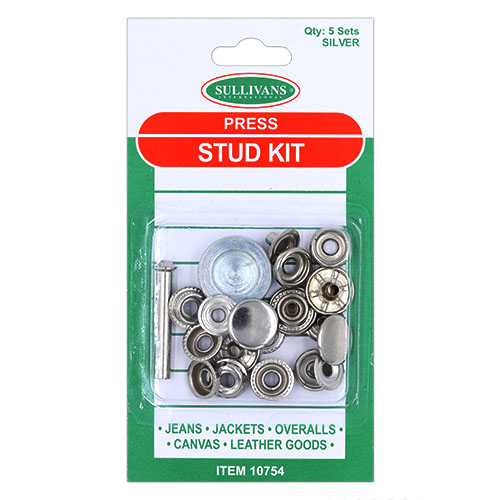 10754 Sullivans 5 Pack Press Stud Kit Plus Tool - 15mm - Silver