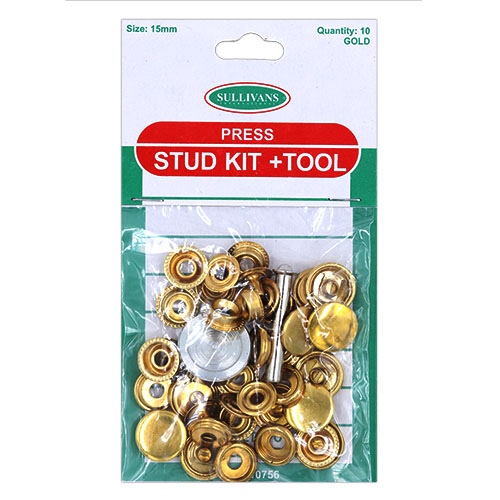 10756 Sullivans 10 Pack Press Stud Kit Plus Tool  - 15mm - Gold