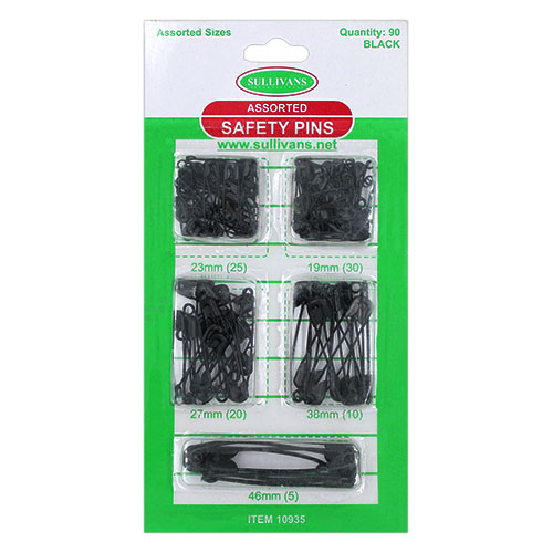 10935 Sullivans Safety Pins 90 Pack  - Assorted Sizes - Black 