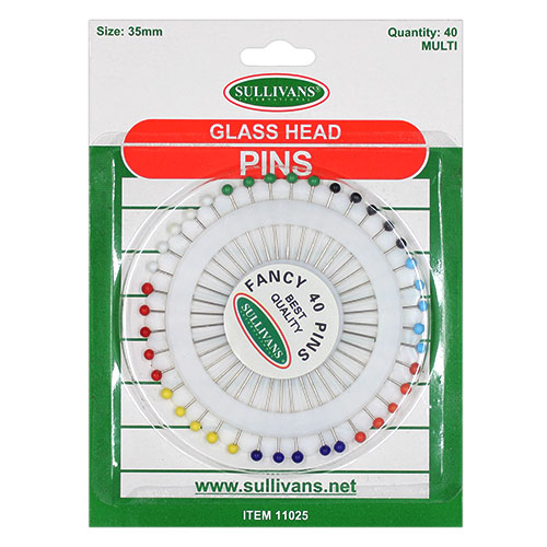 11025 Sulllivans 35mm Glass Head Pins  - 40pcs - Assorted Colours