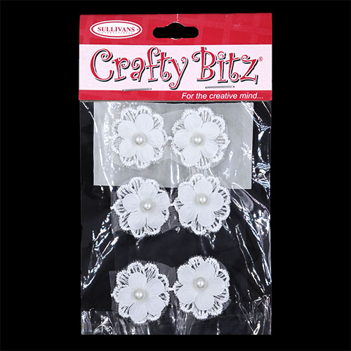 11188 Crafty Bitz Flower With Pearl  - White - 6pcs