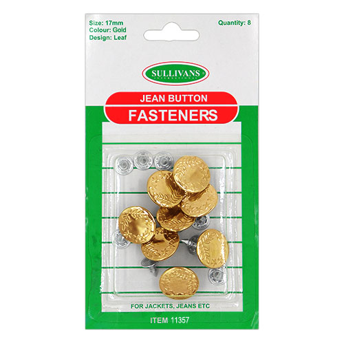 11357 Sullivans 17mm Jean Button Fasteners - Leaf Pattern - Gold - 8 Sets
