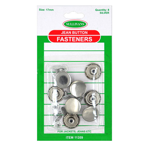11359 Sullivans 17mm Jean Button Fasteners - Silver - 8 Sets