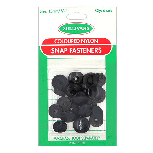 11458 Sullivans 15mm Coloured Nylon Snap Fasteners - 6 Sets - Black