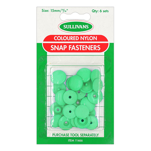 11466 Sullivans 15mm Coloured Nylon Snap Fasteners - 6 Sets - Green