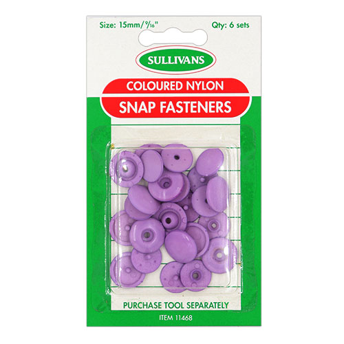 11468 Sullivans 15mm Coloured Nylon Snap Fasteners - 6 Sets - Lilac