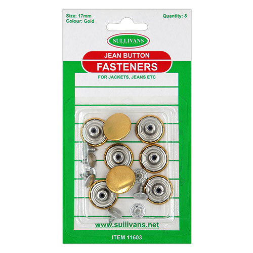 11603 Sullivans 17mm Jean Button Fasteners - Gold - 8 Sets