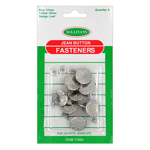 11604 Sullivans 17mm Jean Button Fasteners - Leaf Pattern - Silver - 8 Sets