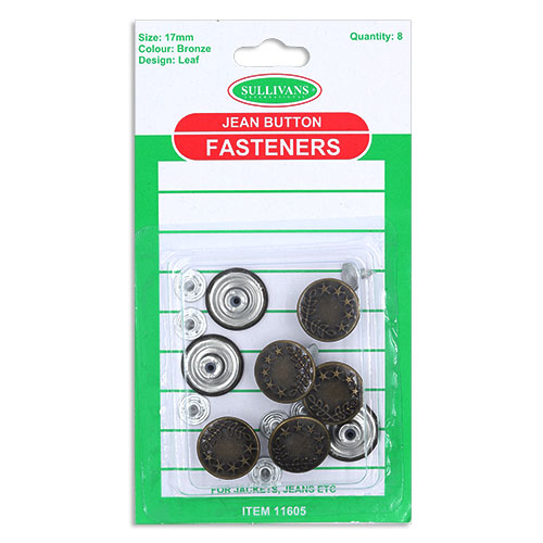 11605 Sullivans 17mm Jean Button Fasteners - Leaf Pattern - Bronze - 8 Sets