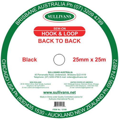 12180 Sullivans Sew On Back To Back Hook & Loop Tape - 25mm - Black