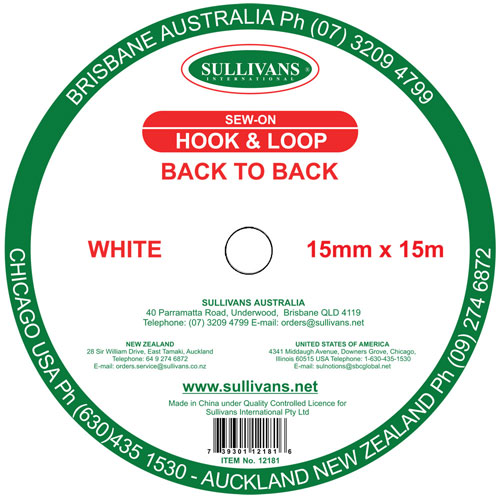 12181 Sullivans Sew On Back To Back Hook & Loop Tape - 15mm - White