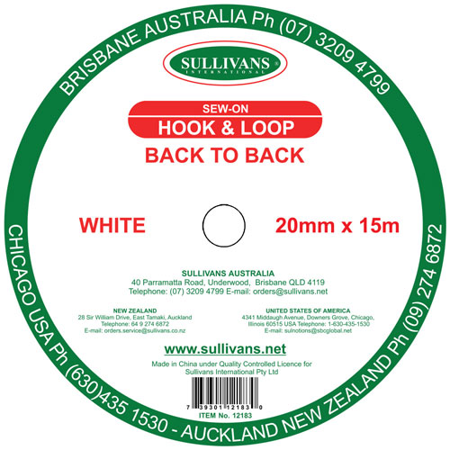 12183 Sullivans Sew On Back To Back Hook & Loop Tape - 20mm - White