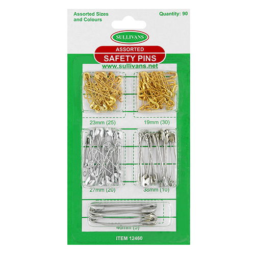 12460 Sullivans Safety Pins - Assorted Sizes & Colours - 90pack