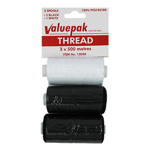 13508 Valuepak Polyester Thread - 3x500m Spools - Blackx2, Whitex1
