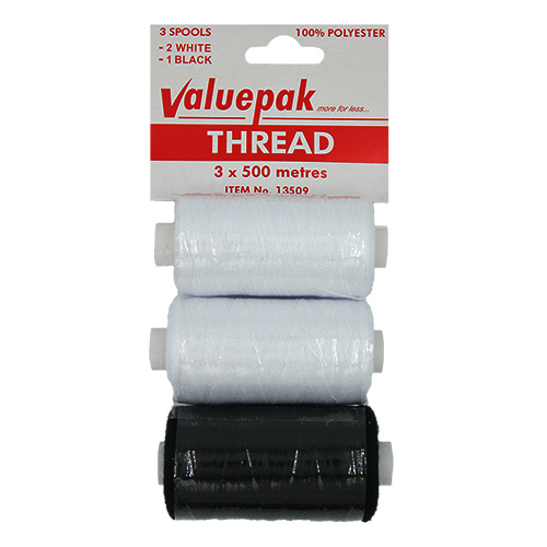 13509 Valuepak Polyester Thread - 3x500m Spools - Whitex2, Blackx1