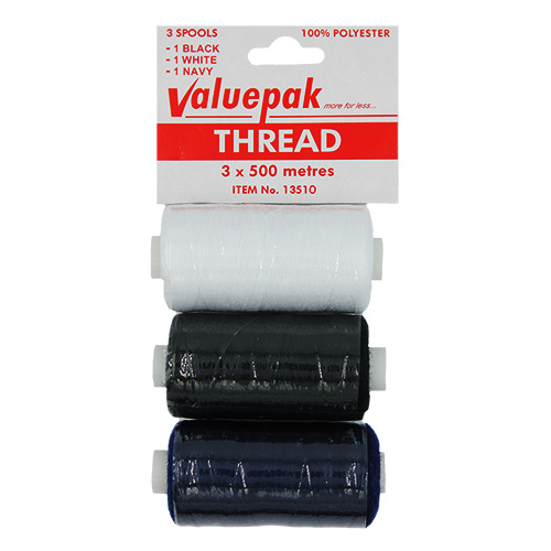 13510 Valuepak Polyester Thread - 3x500m Spools - White, Black, Navy