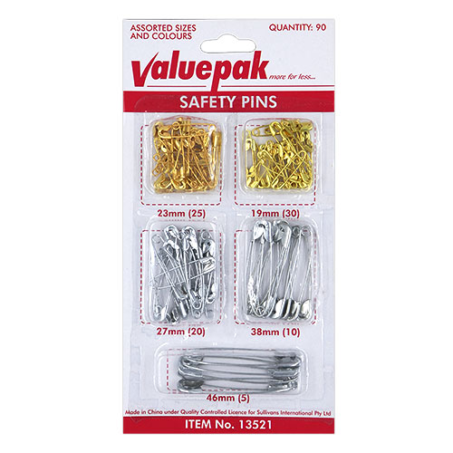 13521 Valuepak Safety Pins - Nickel & Brass - Assorted Sizes - Pack Of 90