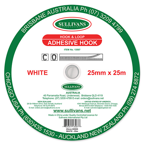 13567 Sullivans 25mm Stick On Hook Tape - 25m - White 