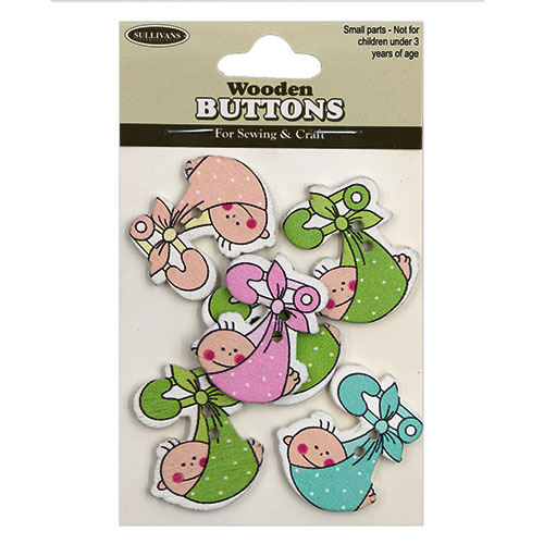 13776 Sullivans Wooden Buttons - Baby In Swaddle - 6pcs