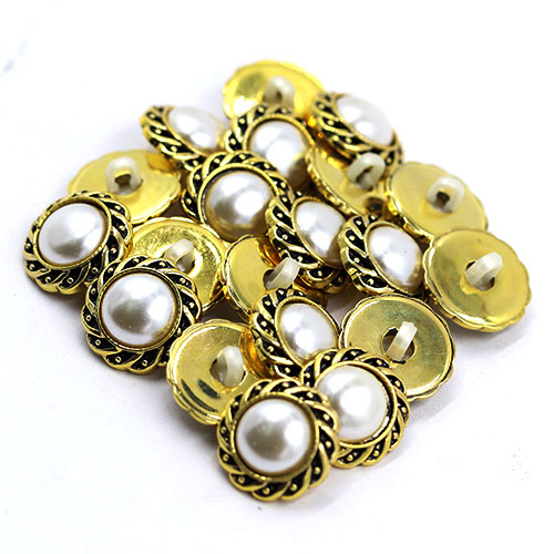 14848 Sullivans 15mm Round Pearl Plastic Button Surrounded With Gold Detailing - 20 In A Tube 