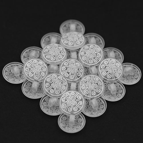 14888 Sullivans 15mm Round Frosted Plastic Shank Button With White Pattern - 19 In A Tube 