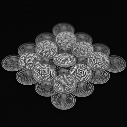 14889 Sullivans 18mm Round Frosted Plastic Shank Button With White Pattern - 16 In A Tube 