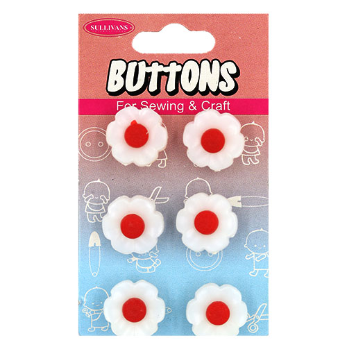 14919 Sullivans Buttons Card - White Flower With Red Centre - 6pcs