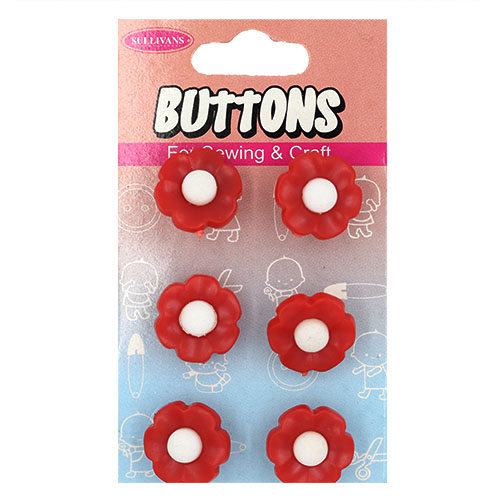 14922 Sullivans Buttons Card - Red Flower With White Centre - 6pcs