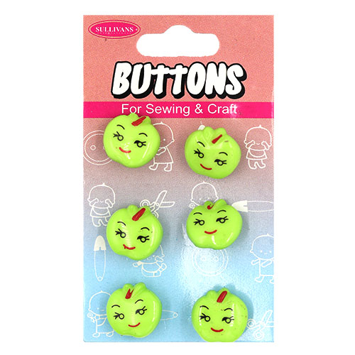 14951 Sullivans Buttons Card - Green Apple With Face - 6pcs