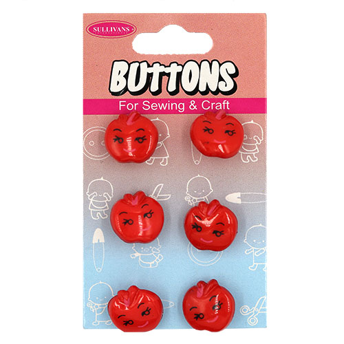 14952 Sullivans Buttons Card - Red Apple With Face - 6pcs