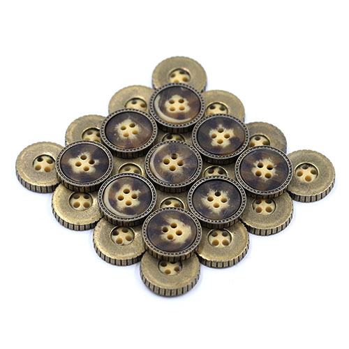 15441 Sullivans 18mm Round Plastic Button 4 Hole With Metal Border - Two Tone Brown - 44 In A Tube