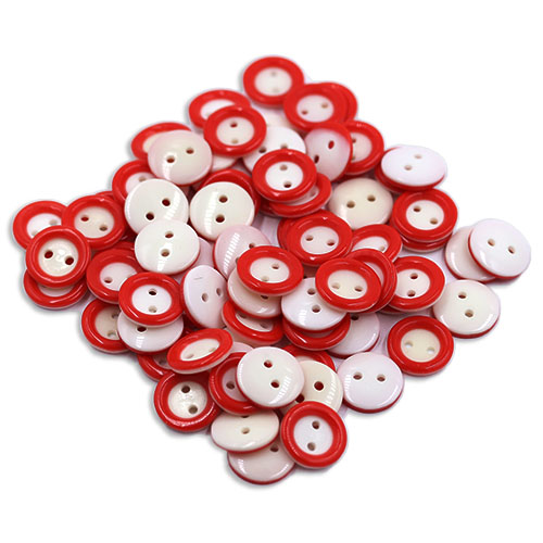 15670 Sullivans 14mm Round Plastic Button 2 Hole With Red Border - White - 75 In A Tube