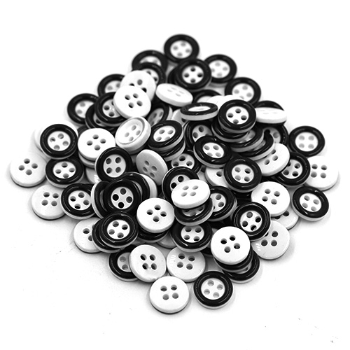 15681 Sullivans 11mm Round Plastic Button 4 Hole With Black Border - White - 100 In A Tube