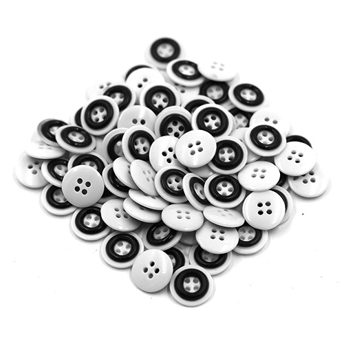 15699 Sullivans 14mm Round Plastic Button 4 Hole With Black Ring - White - 75 In A Tube