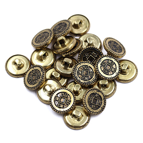 16980 Sullivans 15mm Round Metal Button With Japanese Characters - Old Gold - 23 In A Tube