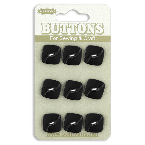 17453 Sullivans Buttons Card - 11mm Squares With Curved Edges - Black - 9pcs