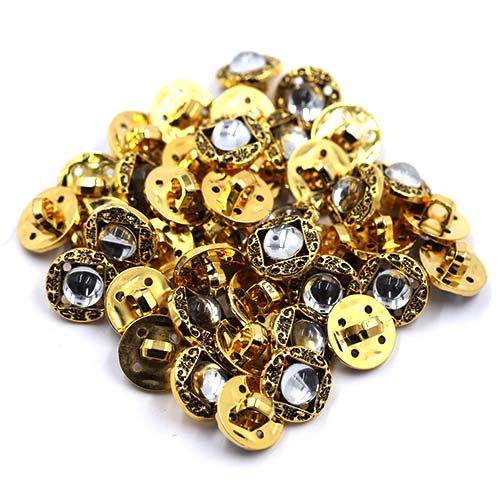 18585 Sullivans 15mm Round Plastic Clear Button With Square Gold Detailing - 24 In A Tube