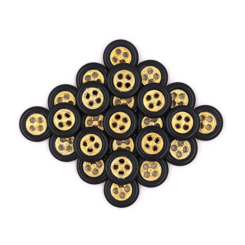19560 Sullivans 12mm Round Plastic Button With Four Holes - Gold With Black Border - 26 In A Tube