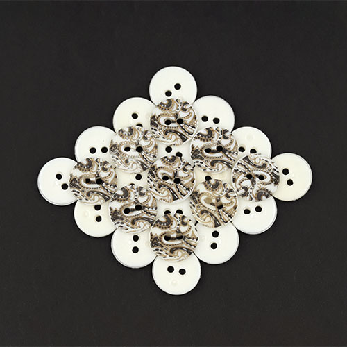 19730 Sullivans 15mm Round Plastic Buttons With Two Holes - Black & Gold Swirls - White - 26 In A Tube