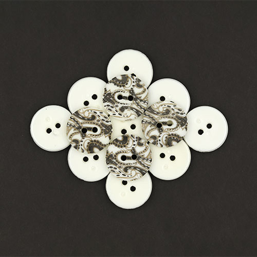 19738 Sullivans 18mm Round Plastic Buttons With Two Holes - Black & Gold Swirls - White - 22 In A Tube