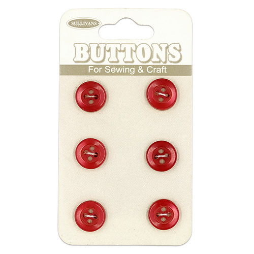 20009 Sullivans Buttons Card - 10mm Red Buttons With Four Holes - 6pcs