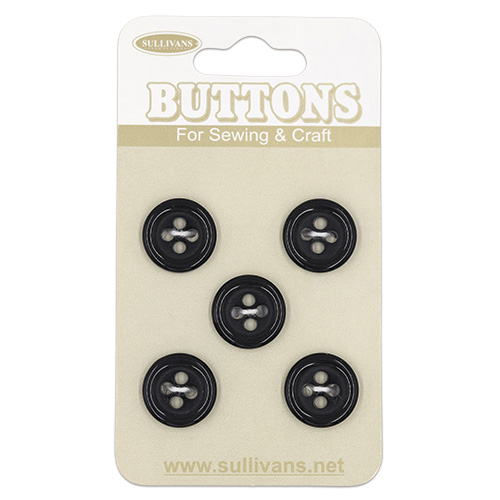 20099 Sullivans Buttons Card - 12mm Black Buttons With Four Holes - 5pcs
