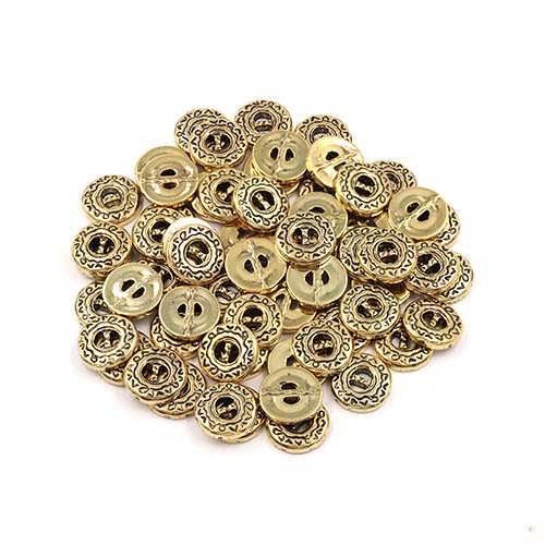 21860 Sullivans 12mm Round Plastic Button 2 Hole - Gold With Patterned Border - 64 In A Tube 