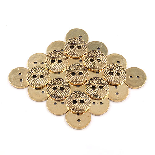 21870 Sullivans 17mm Round Plastic Button 2 Hole - Gold With Lined Pattern With Swirl Stripe  - 50 In A Tu