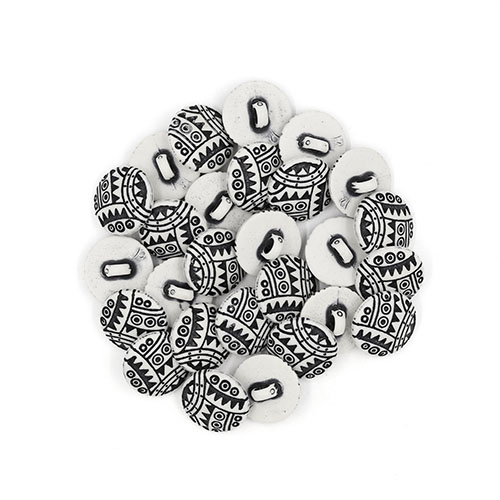 21896 Sullivans 18mm Round Plastic Shank Button With Black Circled Patterns - White - 84 In A Tube 