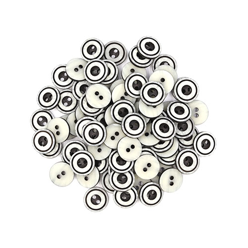 22221 Sullivans 12mm Round Plastic Button 2 Hole With Black Middle And Rim - White - 100 In A Bag