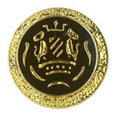 22829 Sullivans 15mm Round Plastic Shank Button - Black With Gold Emblem And Border - 28 In A Tube